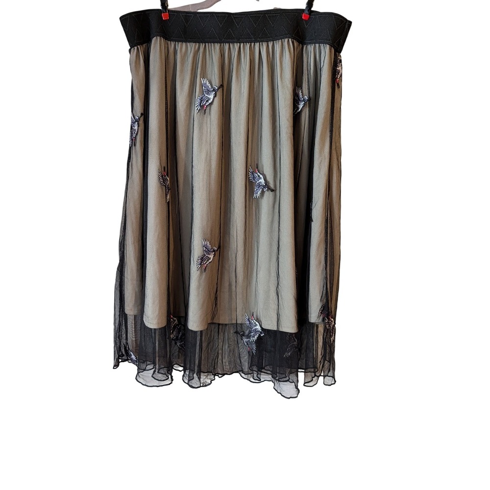 LuLaRoe Jill Skirt 2XL Tan Black Mesh Overlay Embroidered Bird Crane Midi Skirt